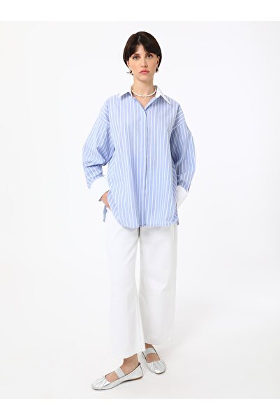 Benin Renk Bloklu Çizgili Gömlek - Mavi - Beyaz - Benin