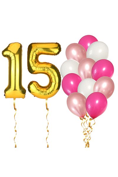 Ropet Set of 14 15th Birthday Balloons, girl, pink/rose gold color, Ropet