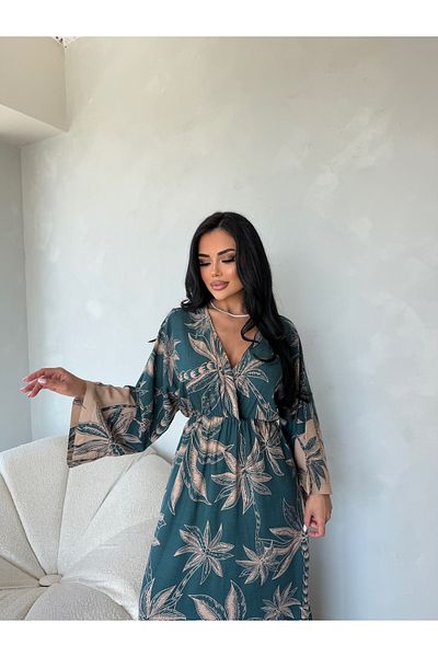 LİLA İSTANBUL Double Breasted Neck Bat Sleeve Floral Pattern Viscose Fabric Summer Dress