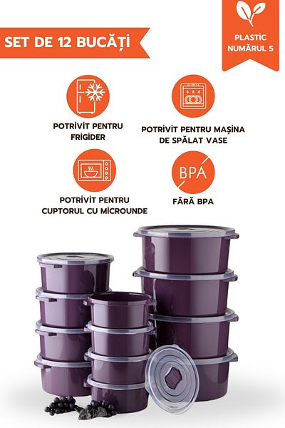 Ginza Maison Set Of 12 Food Containers (4X500 ML, 4X1000 ML, 4X2000 ML), Dark Purple, Lid With Air Release Device