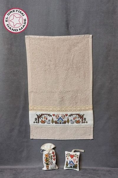 Uretti - Pınar 6788 0724 Χειροποίητο Σετ Πετσέτα Μπάνιου Λεβάντα Τσάντα και Δοχείο Σαπουνιού Τριπλό