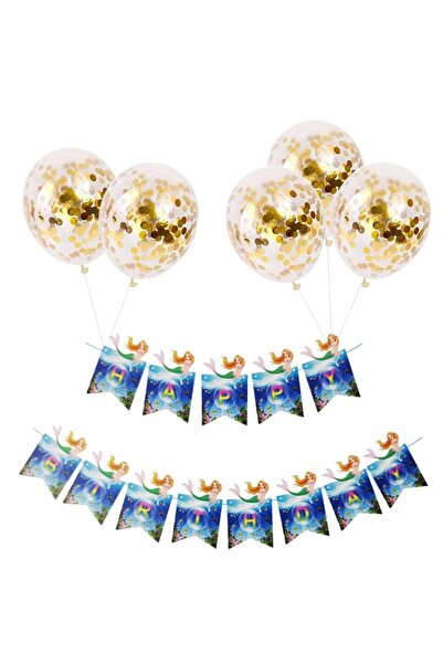 Ropet Set 5 baloane confetti auriu si banner Happy Birthday ocean, sirena