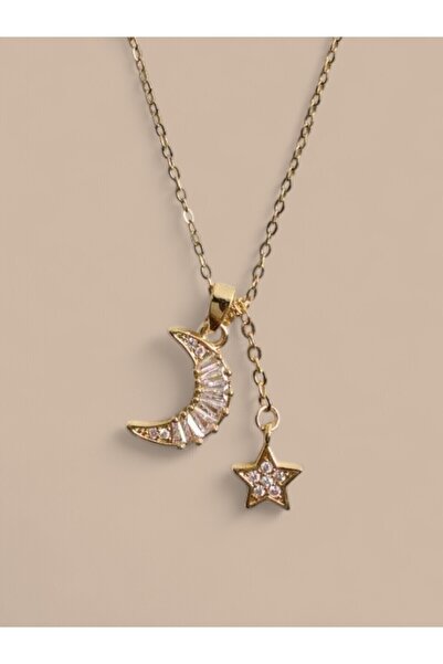 VerdeHome Taşlı Ay Ve Yıldız Figürlü Altın Renk Kadın Kolyesi –anlamlı Hediyelik Kolye – Gökyüzü Temalı