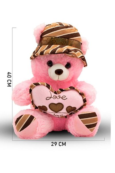 rexa Pink Teddy Bear with Striped Hat & Heart Pillow – 40cm x 29cm
