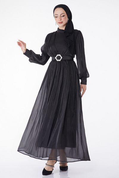 TOFİSA Pleated Evening Dress Black - 25284