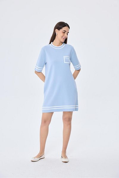 Peraluna Ingrid, Rochie Mini Tricotaj De Vară Cu Detaliu Dungi - ALBASTRU DESCHIS