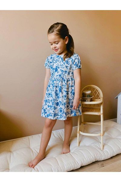2kids2mom Rochie din in, 100% bumbac, cu model de flori albastre, cu maneca scurta