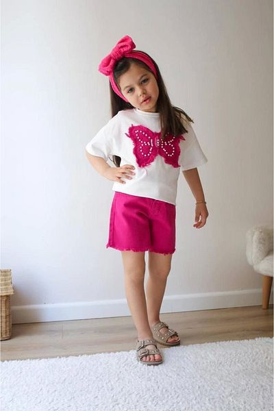 Kidmark Çocuk Modası Girl's Butterfly Pink Shorts Suit