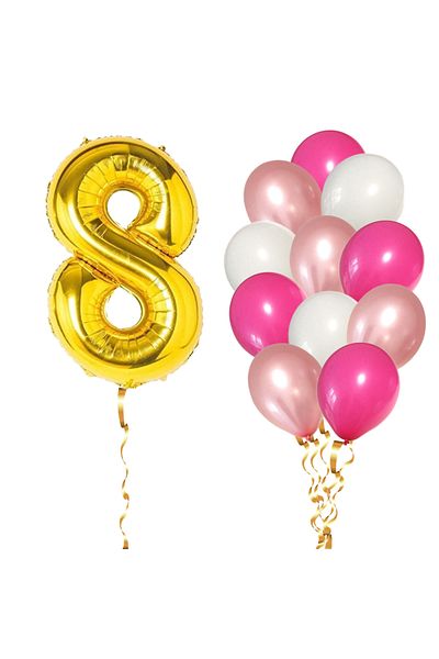 Ropet Set of 13 8th Birthday Balloons, girl, pink/rose gold color, Ropet