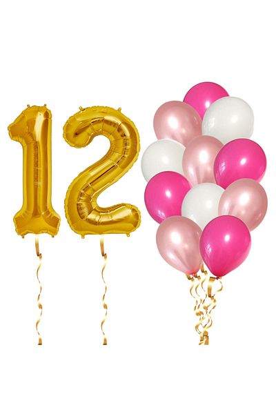 Ropet Set of 14 12th Birthday Balloons, girl, pink/rose gold color, Ropet