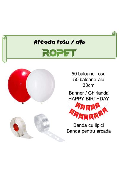 Ropet Balloon arrangement set for arch, Happy Birthday garland, 115 pcs, red and white