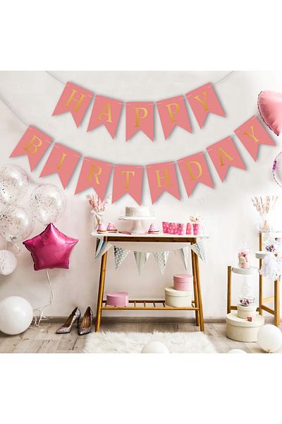 Ropet Happy Birthday Banner, Garland, 2.5m x 17cm, Pink, Rope