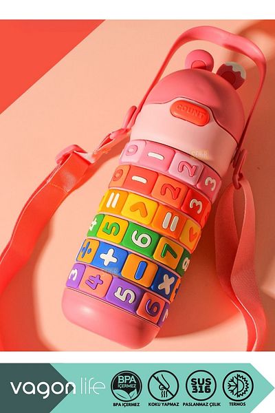 Vagonlife 430ml Cute Eared Educational Math Flip Game Children's Steel Thermos with Straw and Strap Handle