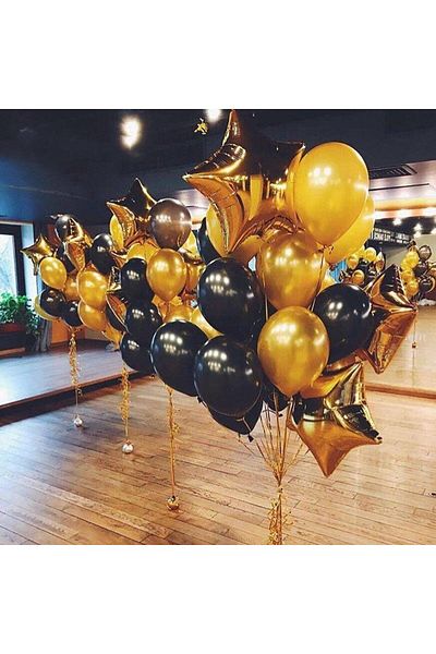 Ropet Set of 13 latex and foil balloons, with 3 stars, Gold/Black, Ropet