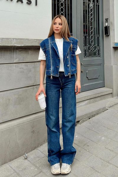 Olcay Zipper Detailed Short Denim Vest Dark Blue 8256