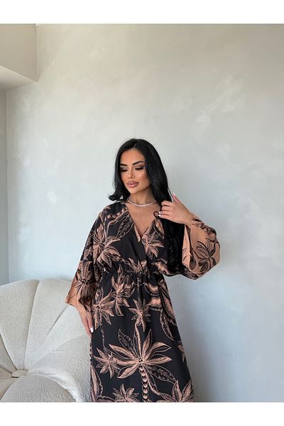 LİLA İSTANBUL Double Breasted Neck Bat Sleeve Floral Pattern Viscose Fabric Summer Dress