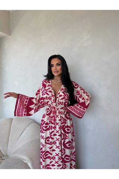LİLA İSTANBUL V-Neck Gimped Ethnic Patterned Bat Sleeve Summer Dress