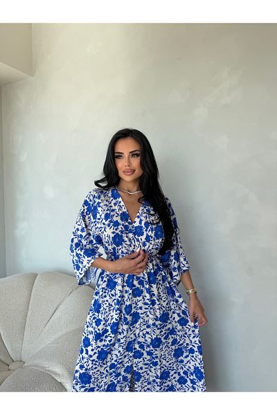 LİLA İSTANBUL Double Breasted Neckline Bat Sleeve Floral Print Viscose Fabric Slit Detail Summer Dress