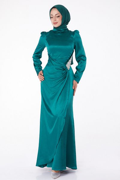 TOFİSA Green Jewelled Straight Chief Collar Women's Evening Dress - 26192