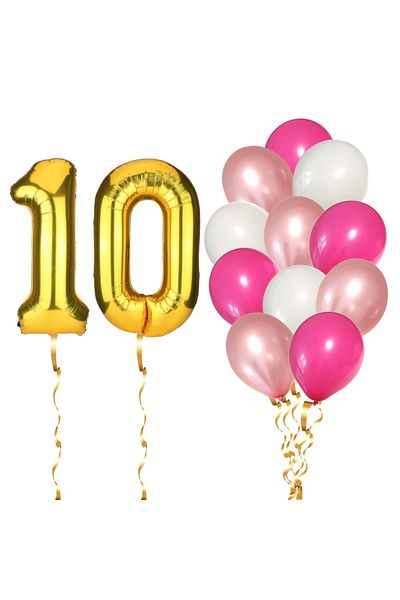 Ropet Set of 14 10th Birthday Balloons, girl, pink/rose gold color, Ropet