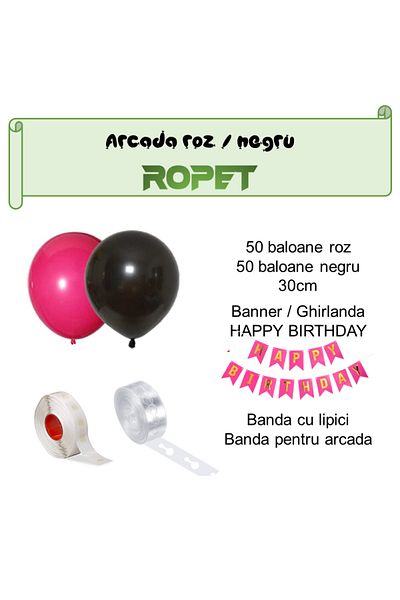 Ropet Balloon arrangement set for arch, Happy Birthday garland, 115 pcs, pink and black