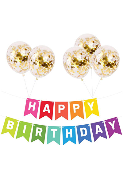 Ropet Set 5 baloane confetti auriu si banner Happy Birthday multicolor