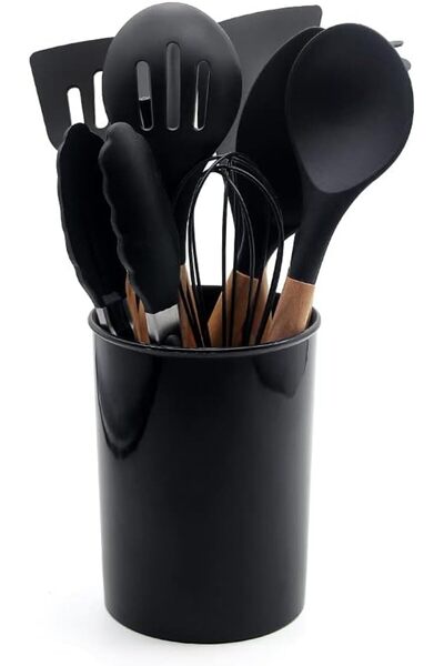 zola Set 11 ustensile gatit silicon, maner lemn, rezistente caldura, cu suport, culoare negru