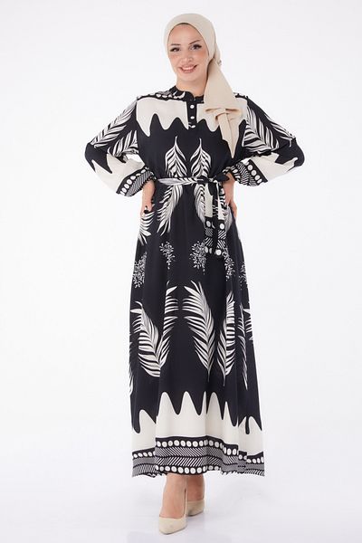 TOFİSA Patterned Belted Dress Black - 26015