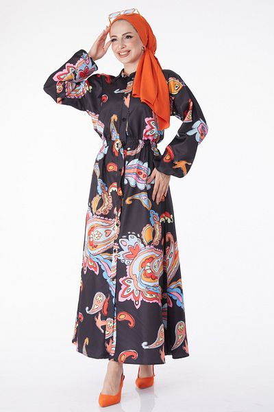 TOFİSA Patterned Dress with Elastic Waist Black - 25229