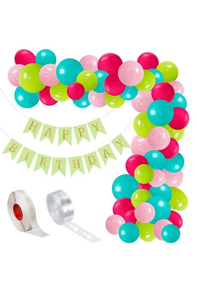 Ropet Balloon arrangement set for arch, Happy Birthday garland, 115 pcs, pink, green and blue