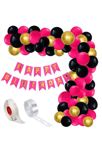 Ropet Balloon arrangement set for arch, Happy Birthday garland, 115 pcs, pink, black and gold