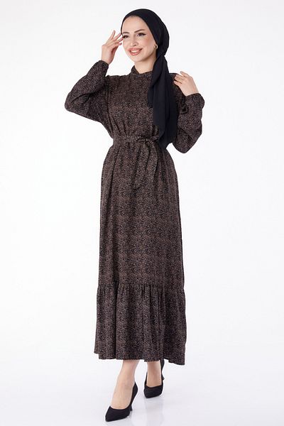 TOFİSA Patterned Belted Dress Brown - 25344