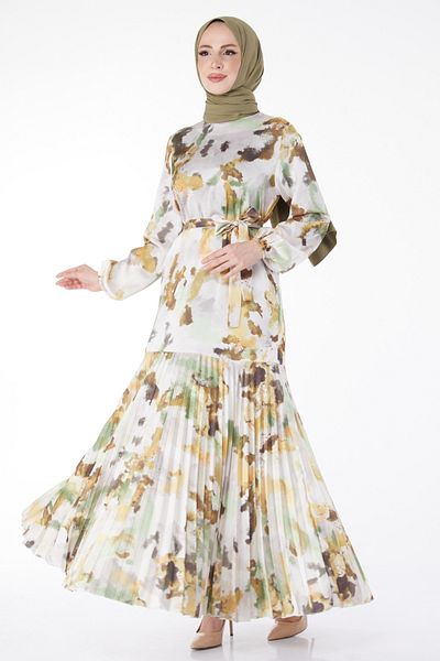 TOFİSA Skirt Pleated Detailed Patterned Evening Dress Khaki - 24882