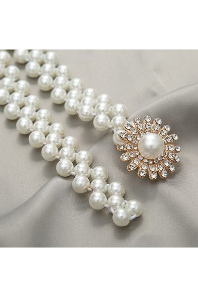 OBRO Curea de dama pentru talie, eleganta, ajustabila, din perle, catarama tip margareta, 70-95 cm, alb