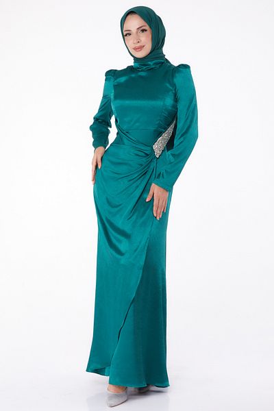 TOFİSA Green Jewelled Straight Chief Collar Women's Evening Dress - 26192