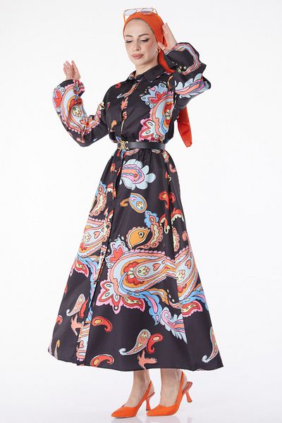 TOFİSA Patterned Dress with Elastic Waist Black - 25229