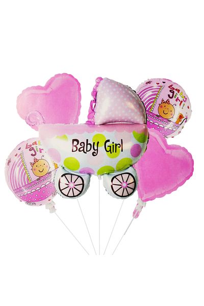 Ropet Set of 5 foil balloons, 45cm - 68cm, stroller shape, it's a girl - baby girl, pink, Ropet