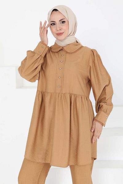 TOFİSA Collar Detailed Double Suit Tan - 27182
