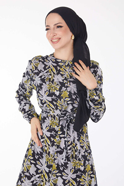 TOFİSA Zelené šaty se vzorem s páskem - 25799