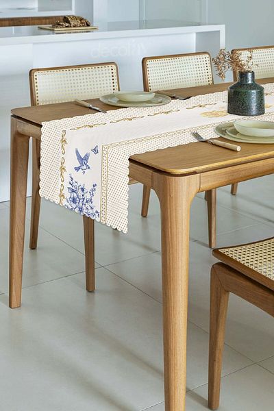 decofav Royal White Compatible Seamless Laser Cut Runner with Flower and Bird Design - 48X135Cm