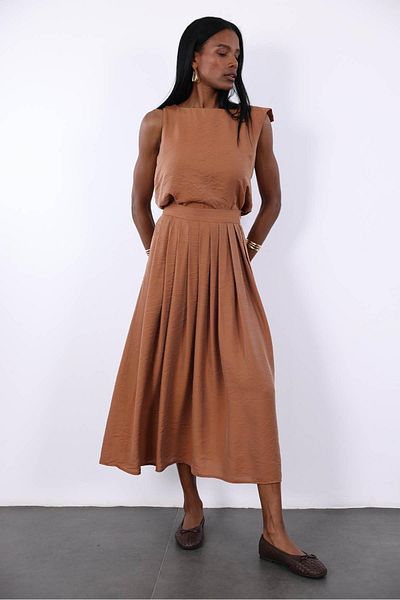 5in1Canpolat Tan Sleeveless Blouse Flounce Skirt Set 9730