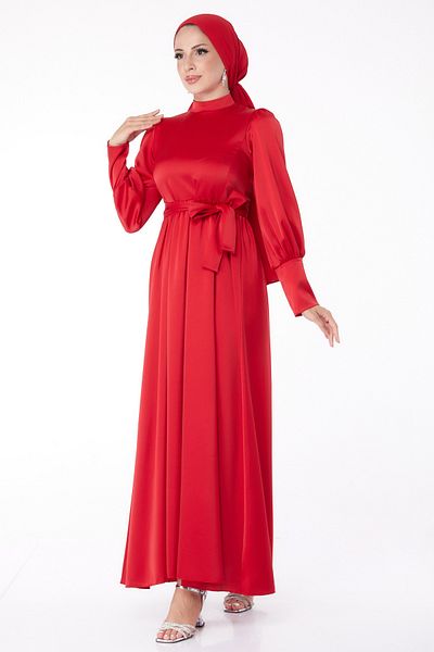 TOFİSA Belted Evening Dress Red - 26145