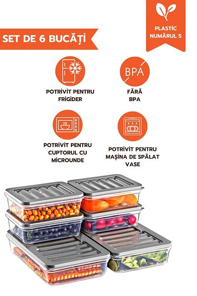 Ginza Maison Freshbox Set For Food, 6 Boxes With Lids (4X600 ML, 2X1200 ML), Transparent With Grey Lid