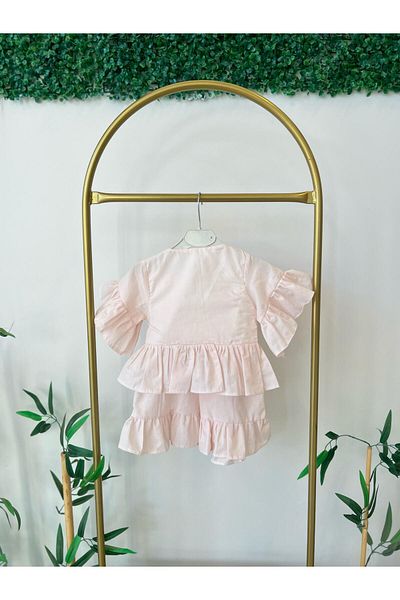 Hobidik Girl's Dusty Pink Pearl Decorated Top and Bottom Set