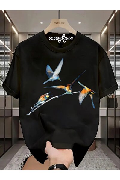 oneagılyazı Tricou supradimensionat cu imprimeu de păsări