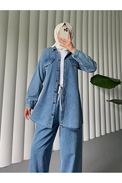 Modamorfo Blue Jeans Set - Wide Leg Trousers with Buttons and Pocket Detail
