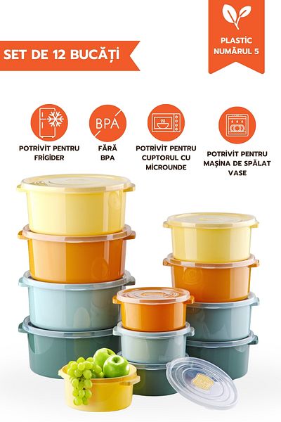 Ginza Maison Set Of 12 Food Containers (4X500 ML, 4X1000 ML, 4X2000 ML), Pastel, Lid With Air Release Device