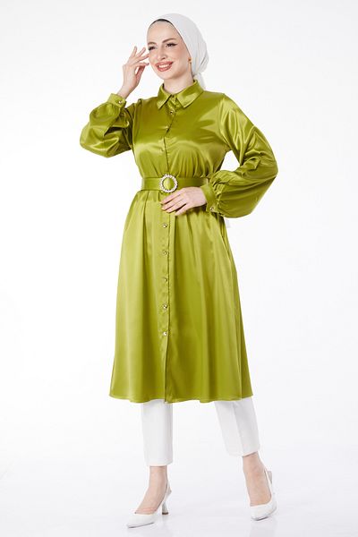 TOFİSA Shiny Belted Dress Green - 24960