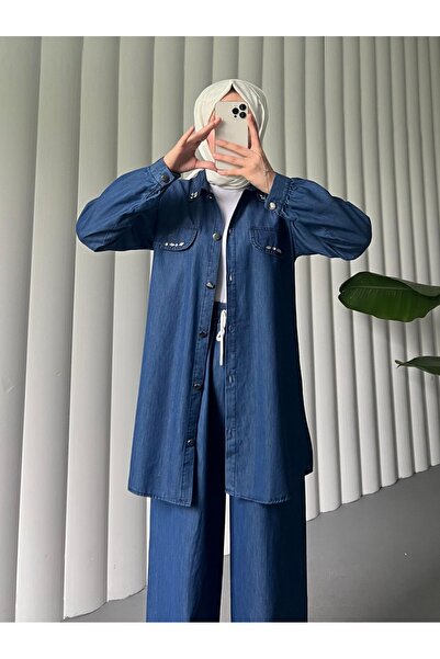 Modamorfo Buttoned Pocket Detailed Wide Leg Trousers Jeans Set - Indigo