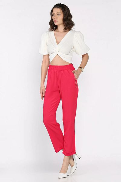 GÜLSELİ Fuchsia Women's Elastic Waist Double Leg Trousers with Chain Accessories